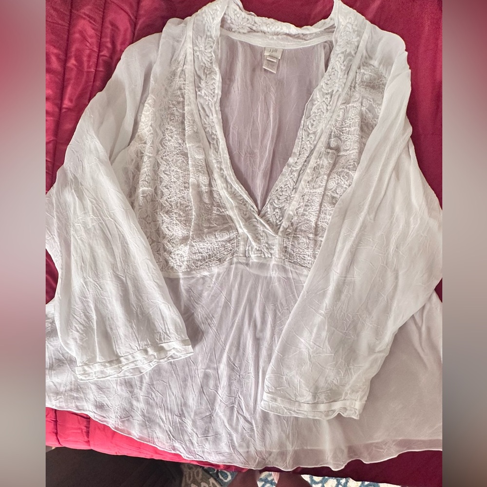 J. Jill White Sheer Blouse, 3X, Deep V Neck tunic